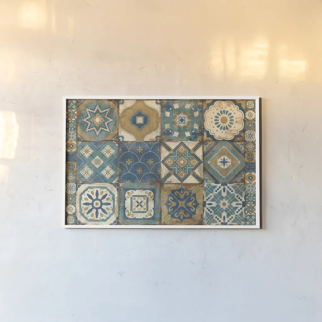 Moroccan Tiles Blue by Cleonique Hilsaca. shown as a paper print in a white frame. Available as a archival giclee rolled canvas, fine art paper, or poster print. SKU 10511i.