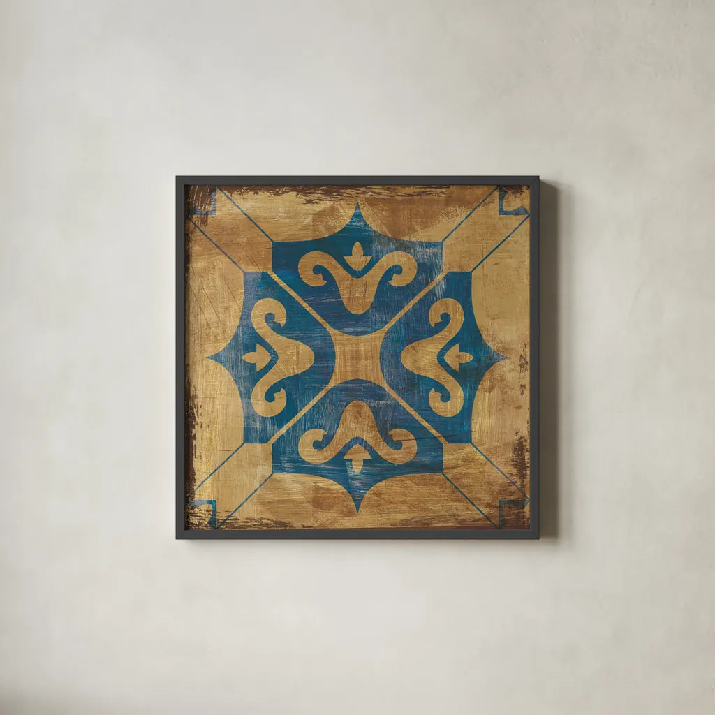 Moroccan Tiles Blue I by Cleonique Hilsaca. Shown in a sleek black glass frame for a contemporary gallery look. Available as an archival giclee rolled canvas, fine art paper, or poster print. SKU 38566a.