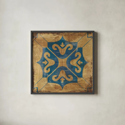 Moroccan Tiles Blue I by Cleonique Hilsaca. Shown in a sleek black glass frame for a contemporary gallery look. Available as an archival giclee rolled canvas, fine art paper, or poster print. SKU 38566a.