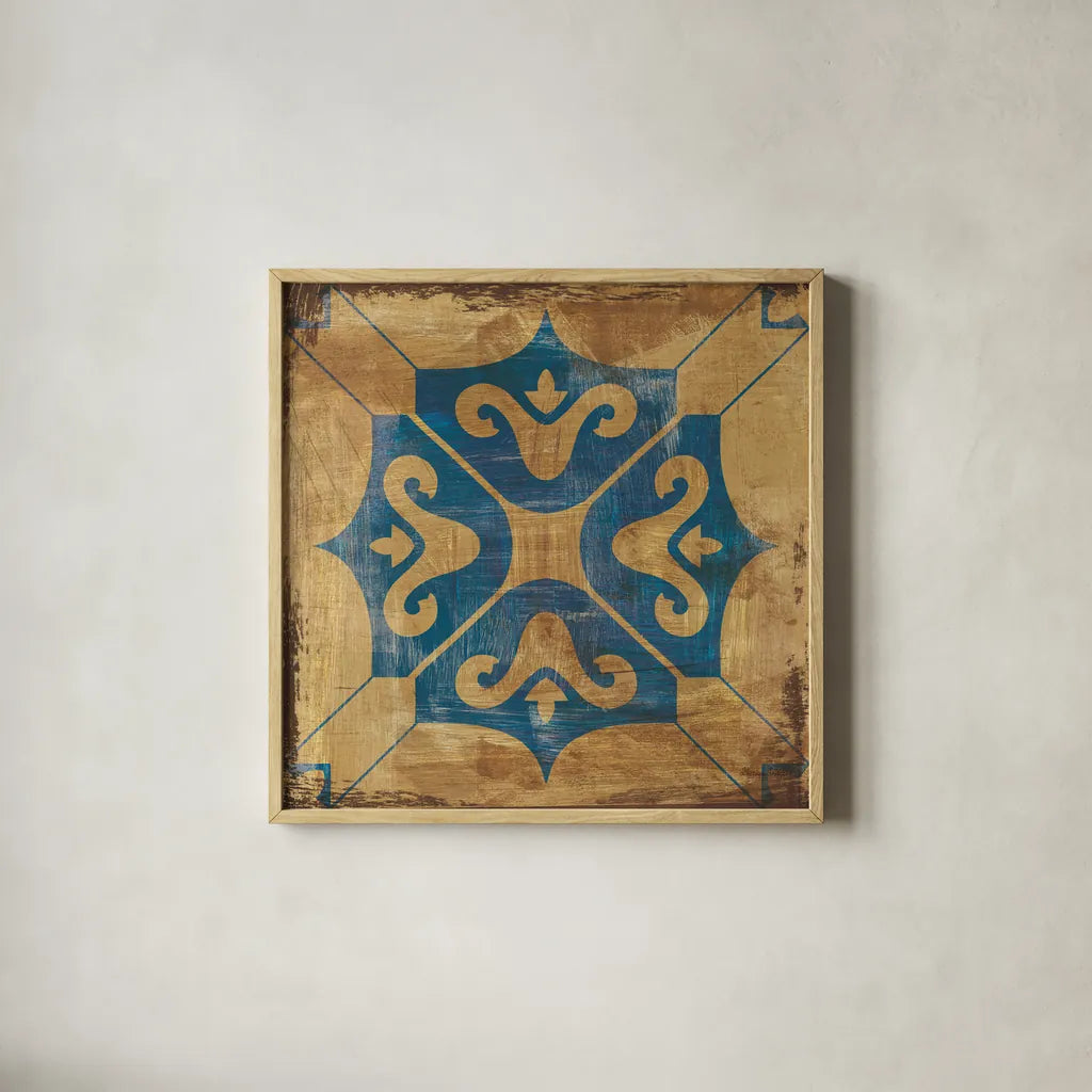 Moroccan Tiles Blue I by Cleonique Hilsaca. Shown in a natural wood glass frame for a timeless modern aesthetic. Available as an archival giclee rolled canvas, fine art paper, or poster print. SKU 38566a.