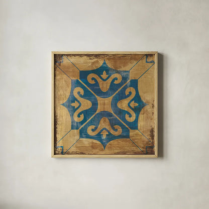 Moroccan Tiles Blue I by Cleonique Hilsaca. Shown in a natural wood glass frame for a timeless modern aesthetic. Available as an archival giclee rolled canvas, fine art paper, or poster print. SKU 38566a.