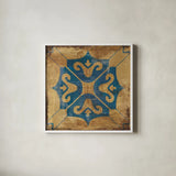 Moroccan Tiles Blue I by Cleonique Hilsaca. Shown in a crisp white glass frame for a clean and minimalist style. Available as an archival giclee rolled canvas, fine art paper, or poster print. SKU 38566a.
