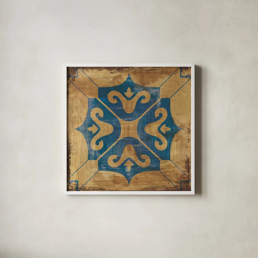 Moroccan Tiles Blue I by Cleonique Hilsaca. Shown in a crisp white glass frame for a clean and minimalist style. Available as an archival giclee rolled canvas, fine art paper, or poster print. SKU 38566a.