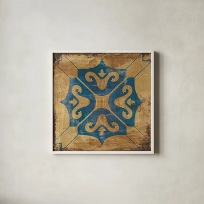 Moroccan Tiles Blue I by Cleonique Hilsaca. Shown in a crisp white glass frame for a clean and minimalist style. Available as an archival giclee rolled canvas, fine art paper, or poster print. SKU 38566a.