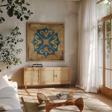 Moroccan Tiles Blue I by Cleonique Hilsaca. Shown in a natural wood frame in a cozy modern living room. Available as an archival giclee rolled canvas, fine art paper, or poster print. SKU 38566a.