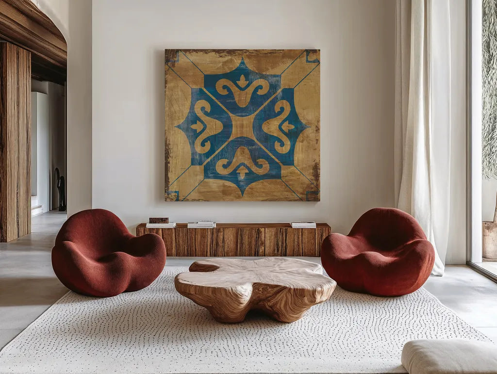 Moroccan Tiles Blue I by Cleonique Hilsaca. Shown as extra-large giant wall art in a modern living room. Available as an archival giclee rolled canvas, fine art paper, or poster print. SKU 38566a.