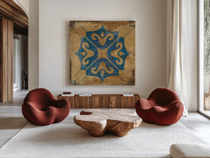 Moroccan Tiles Blue I by Cleonique Hilsaca. Shown as extra-large giant wall art in a modern living room. Available as an archival giclee rolled canvas, fine art paper, or poster print. SKU 38566a.
