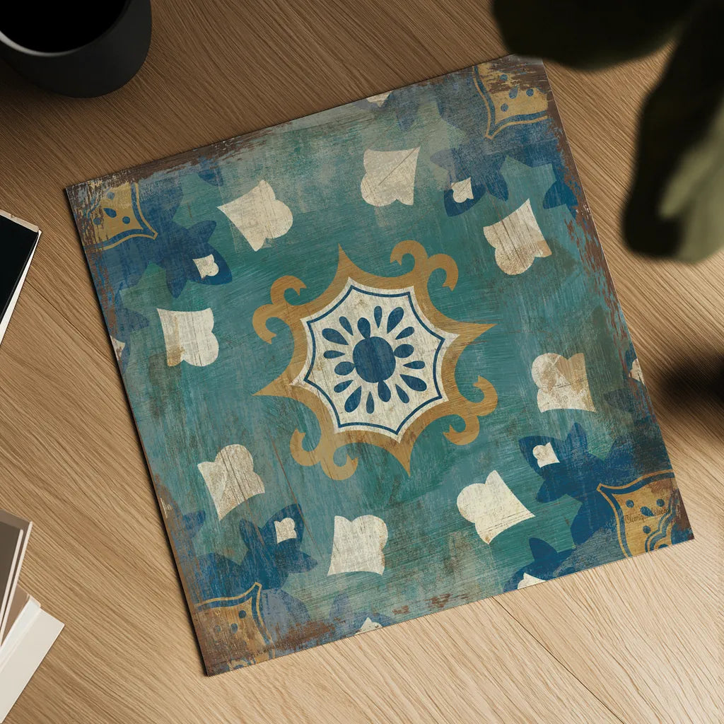Moroccan Tiles Blue III by Cleonique Hilsaca. Shown as a detailed flat fine art print, highlighting archival giclee quality. Available as an archival giclee rolled canvas, fine art paper, or poster print. SKU 38568a.
