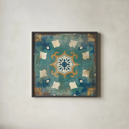 Moroccan Tiles Blue III by Cleonique Hilsaca. Shown in a sleek black glass frame for a contemporary gallery look. Available as an archival giclee rolled canvas, fine art paper, or poster print. SKU 38568a.