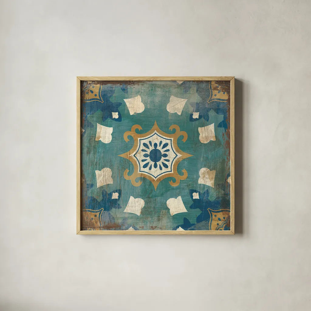 Moroccan Tiles Blue III by Cleonique Hilsaca. Shown in a natural wood glass frame for a timeless modern aesthetic. Available as an archival giclee rolled canvas, fine art paper, or poster print. SKU 38568a.