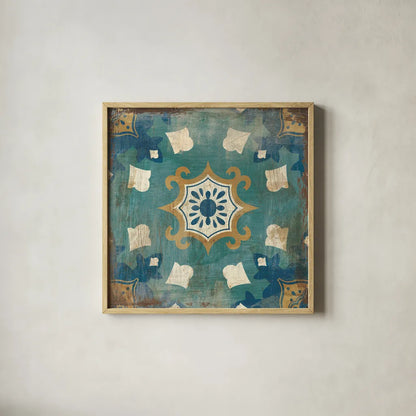 Moroccan Tiles Blue III by Cleonique Hilsaca. Shown in a natural wood glass frame for a timeless modern aesthetic. Available as an archival giclee rolled canvas, fine art paper, or poster print. SKU 38568a.