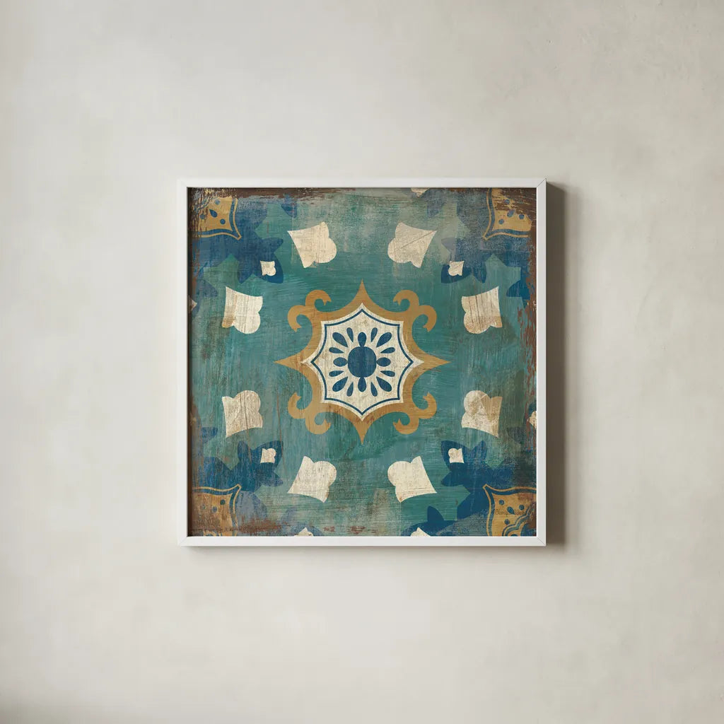 Moroccan Tiles Blue III by Cleonique Hilsaca. Shown in a crisp white glass frame for a clean and minimalist style. Available as an archival giclee rolled canvas, fine art paper, or poster print. SKU 38568a.
