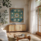 Moroccan Tiles Blue III by Cleonique Hilsaca. Shown in a natural wood frame in a cozy modern living room. Available as an archival giclee rolled canvas, fine art paper, or poster print. SKU 38568a.