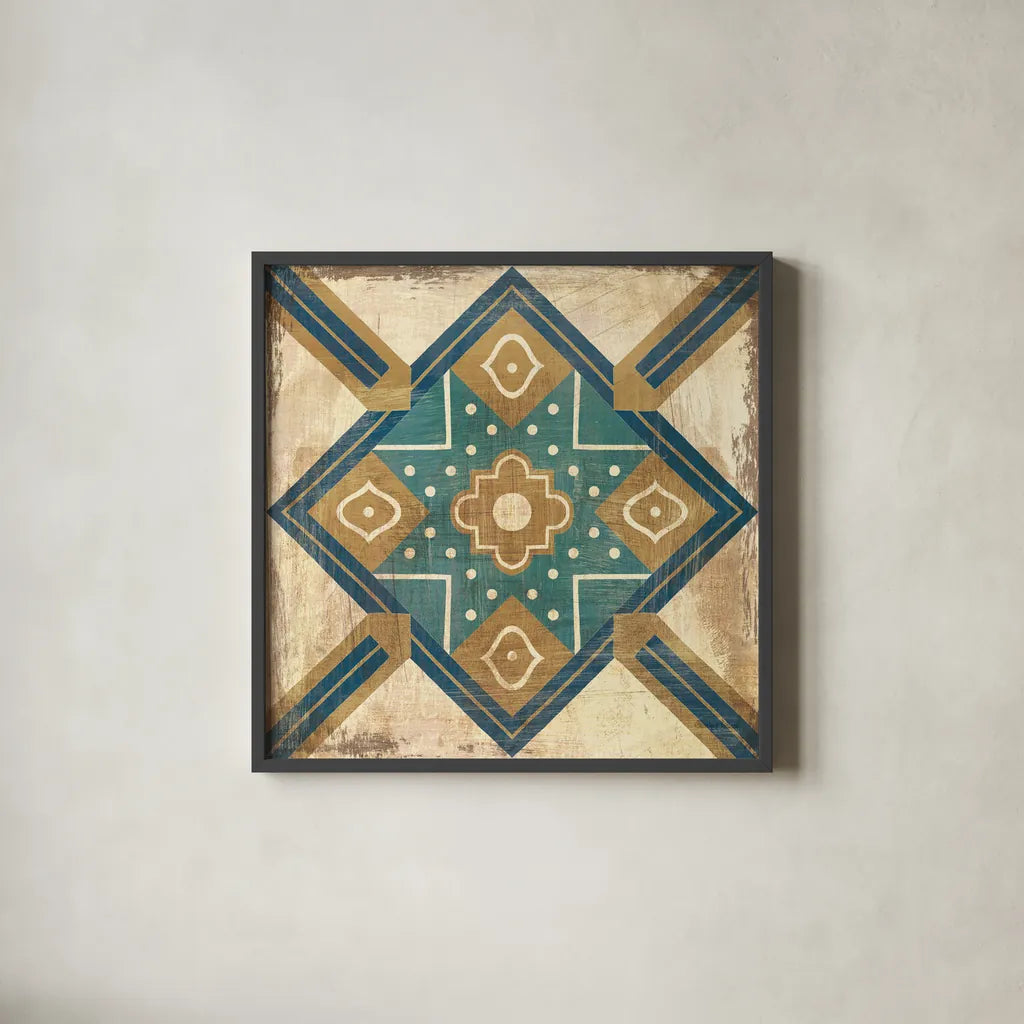 Moroccan Tiles Blue IX by Cleonique Hilsaca. Shown in a sleek black glass frame for a contemporary gallery look. Available as an archival giclee rolled canvas, fine art paper, or poster print. SKU 38574a.