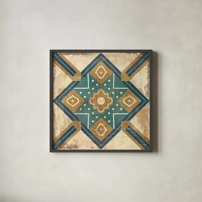 Moroccan Tiles Blue IX by Cleonique Hilsaca. Shown in a sleek black glass frame for a contemporary gallery look. Available as an archival giclee rolled canvas, fine art paper, or poster print. SKU 38574a.