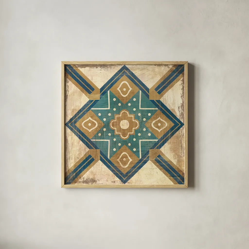 Moroccan Tiles Blue IX by Cleonique Hilsaca. Shown in a natural wood glass frame for a timeless modern aesthetic. Available as an archival giclee rolled canvas, fine art paper, or poster print. SKU 38574a.