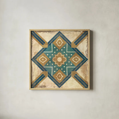 Moroccan Tiles Blue IX by Cleonique Hilsaca. Shown in a natural wood glass frame for a timeless modern aesthetic. Available as an archival giclee rolled canvas, fine art paper, or poster print. SKU 38574a.