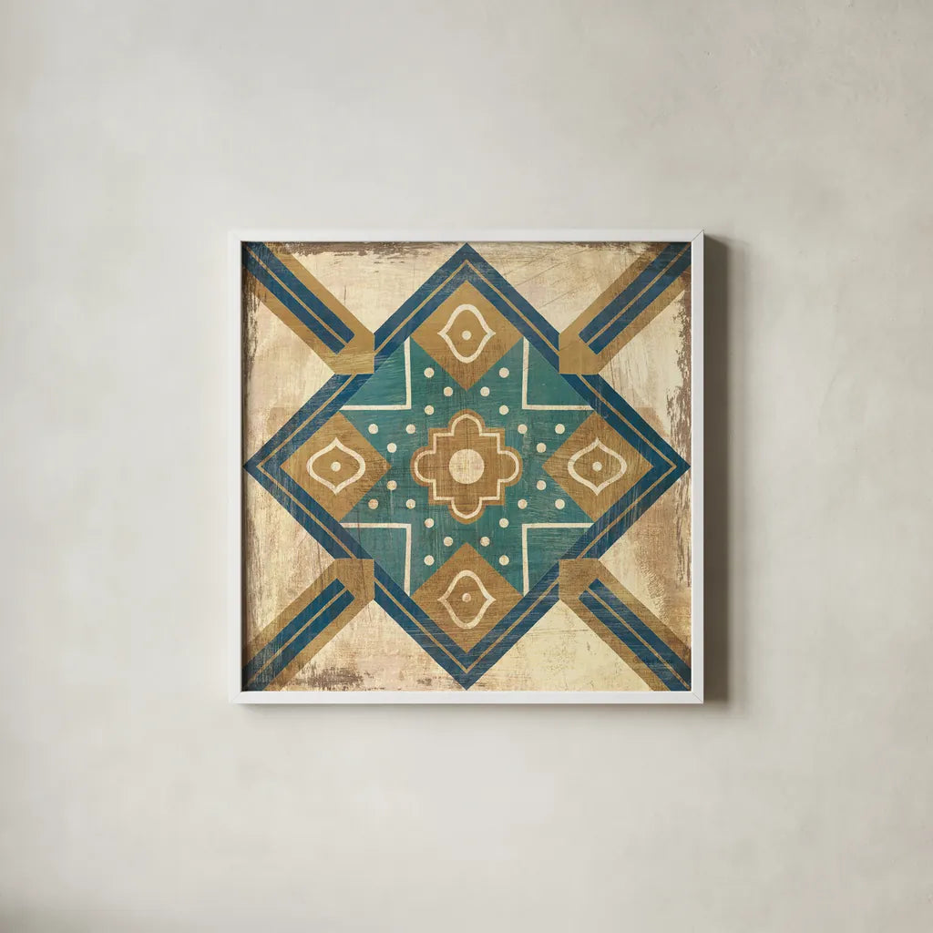 Moroccan Tiles Blue IX by Cleonique Hilsaca. Shown in a crisp white glass frame for a clean and minimalist style. Available as an archival giclee rolled canvas, fine art paper, or poster print. SKU 38574a.