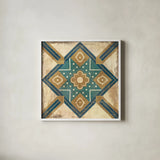 Moroccan Tiles Blue IX by Cleonique Hilsaca. Shown in a crisp white glass frame for a clean and minimalist style. Available as an archival giclee rolled canvas, fine art paper, or poster print. SKU 38574a.