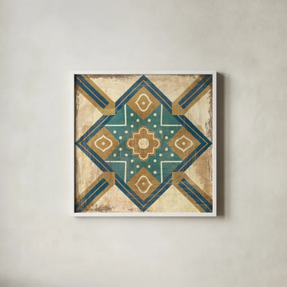 Moroccan Tiles Blue IX by Cleonique Hilsaca. Shown in a crisp white glass frame for a clean and minimalist style. Available as an archival giclee rolled canvas, fine art paper, or poster print. SKU 38574a.