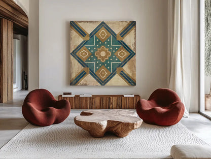 Moroccan Tiles Blue IX by Cleonique Hilsaca. Shown as extra-large giant wall art in a modern living room. Available as an archival giclee rolled canvas, fine art paper, or poster print. SKU 38574a.