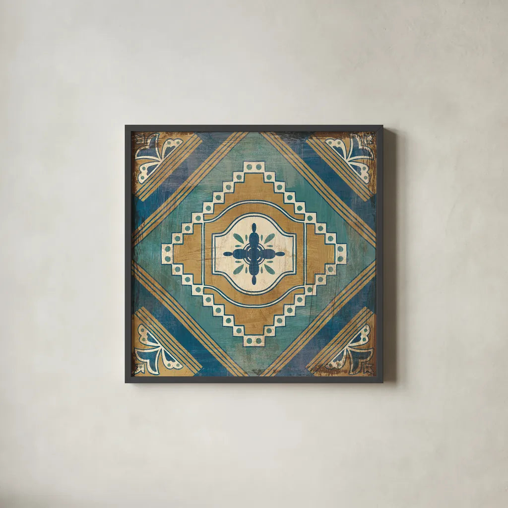 Moroccan Tiles Blue V by Cleonique Hilsaca. Shown in a sleek black glass frame for a contemporary gallery look. Available as an archival giclee rolled canvas, fine art paper, or poster print. SKU 38570a.