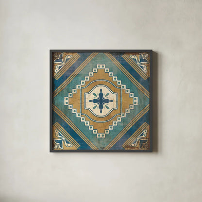 Moroccan Tiles Blue V by Cleonique Hilsaca. Shown in a sleek black glass frame for a contemporary gallery look. Available as an archival giclee rolled canvas, fine art paper, or poster print. SKU 38570a.