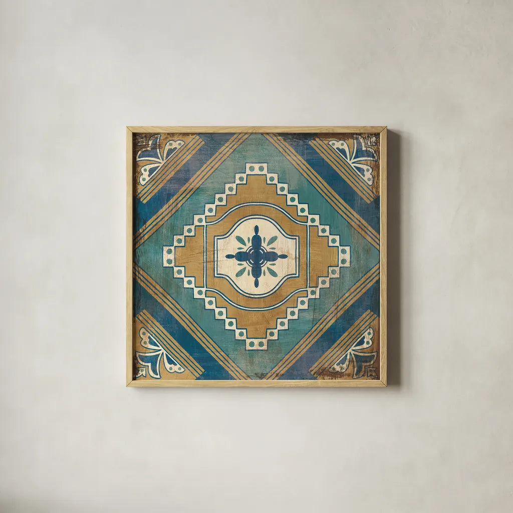 Moroccan Tiles Blue V by Cleonique Hilsaca. Shown in a natural wood glass frame for a timeless modern aesthetic. Available as an archival giclee rolled canvas, fine art paper, or poster print. SKU 38570a.
