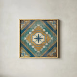 Moroccan Tiles Blue V by Cleonique Hilsaca. Shown in a natural wood glass frame for a timeless modern aesthetic. Available as an archival giclee rolled canvas, fine art paper, or poster print. SKU 38570a.