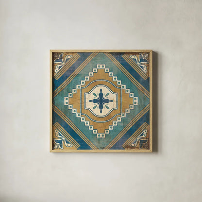 Moroccan Tiles Blue V by Cleonique Hilsaca. Shown in a natural wood glass frame for a timeless modern aesthetic. Available as an archival giclee rolled canvas, fine art paper, or poster print. SKU 38570a.
