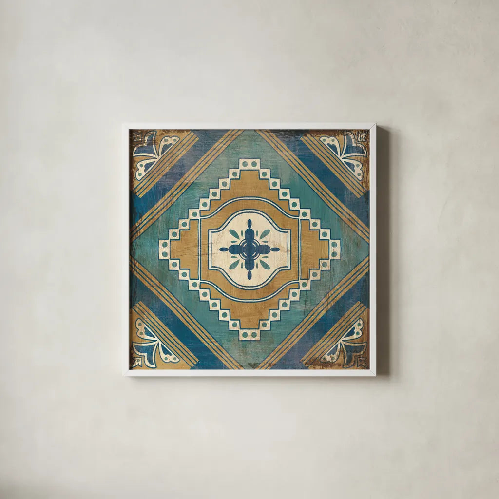 Moroccan Tiles Blue V by Cleonique Hilsaca. Shown in a crisp white glass frame for a clean and minimalist style. Available as an archival giclee rolled canvas, fine art paper, or poster print. SKU 38570a.