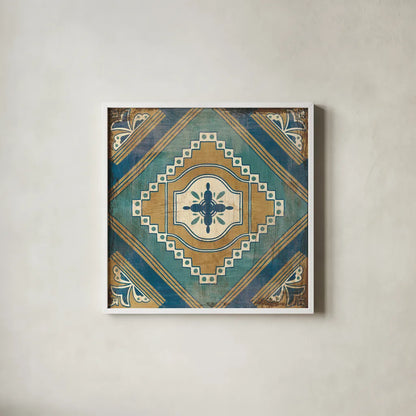 Moroccan Tiles Blue V by Cleonique Hilsaca. Shown in a crisp white glass frame for a clean and minimalist style. Available as an archival giclee rolled canvas, fine art paper, or poster print. SKU 38570a.