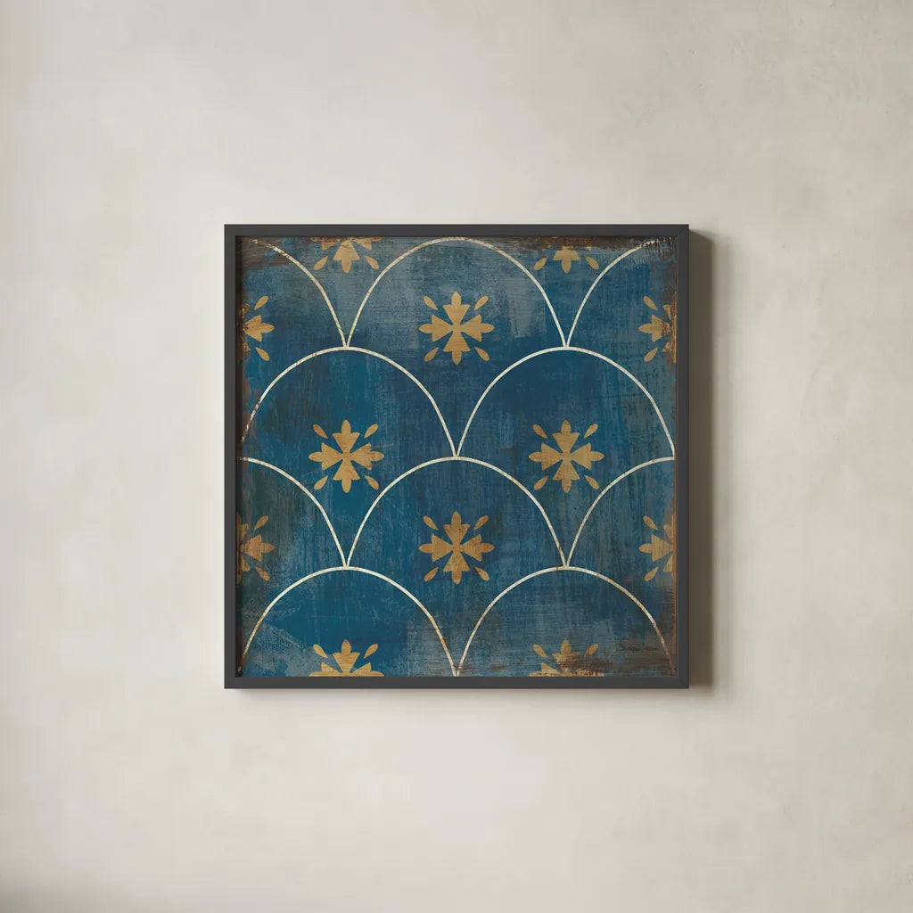 Moroccan Tiles Blue VI by Cleonique Hilsaca. Shown in a sleek black glass frame for a contemporary gallery look. Available as an archival giclee rolled canvas, fine art paper, or poster print. SKU 38571a.