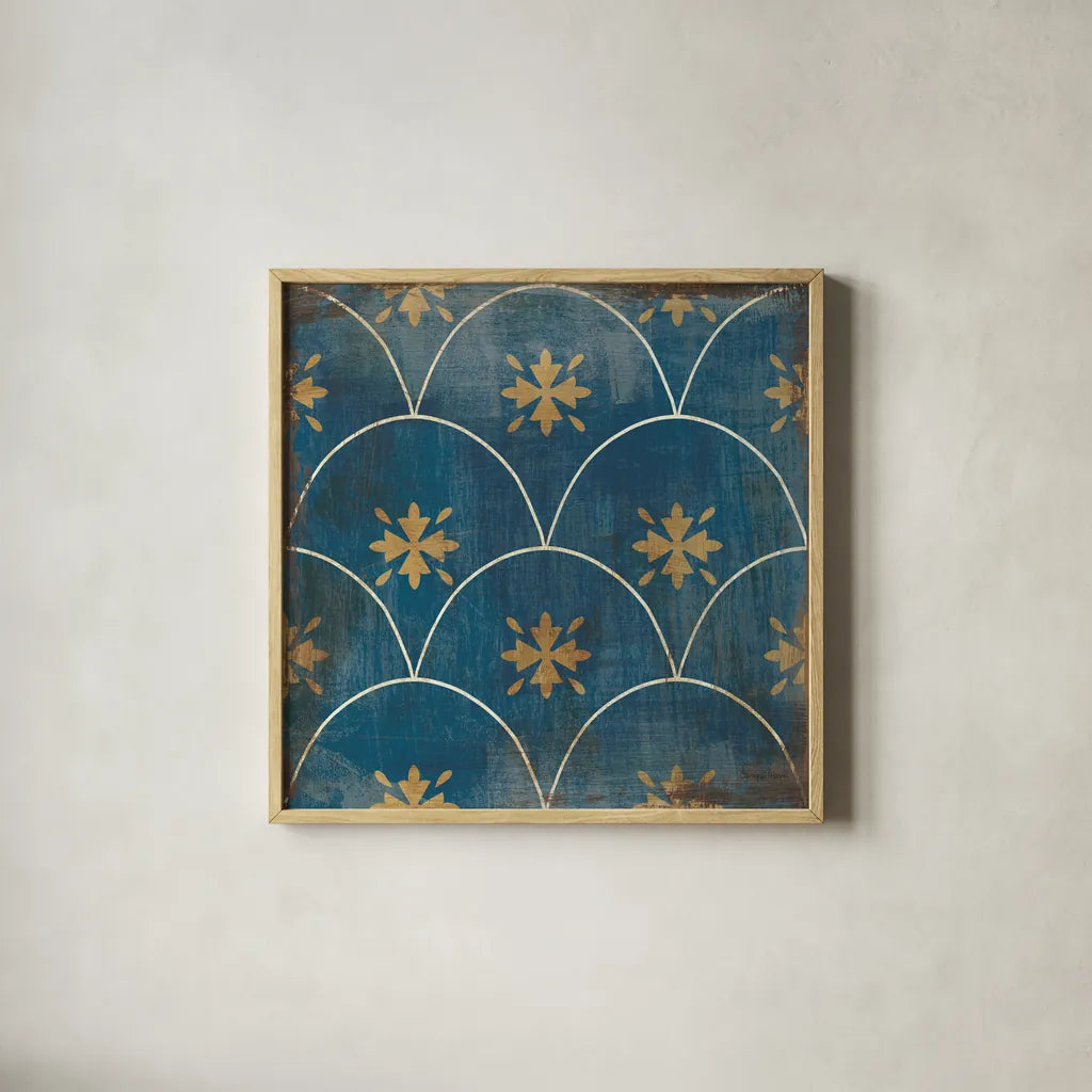 Moroccan Tiles Blue VI by Cleonique Hilsaca. Shown in a natural wood glass frame for a timeless modern aesthetic. Available as an archival giclee rolled canvas, fine art paper, or poster print. SKU 38571a.
