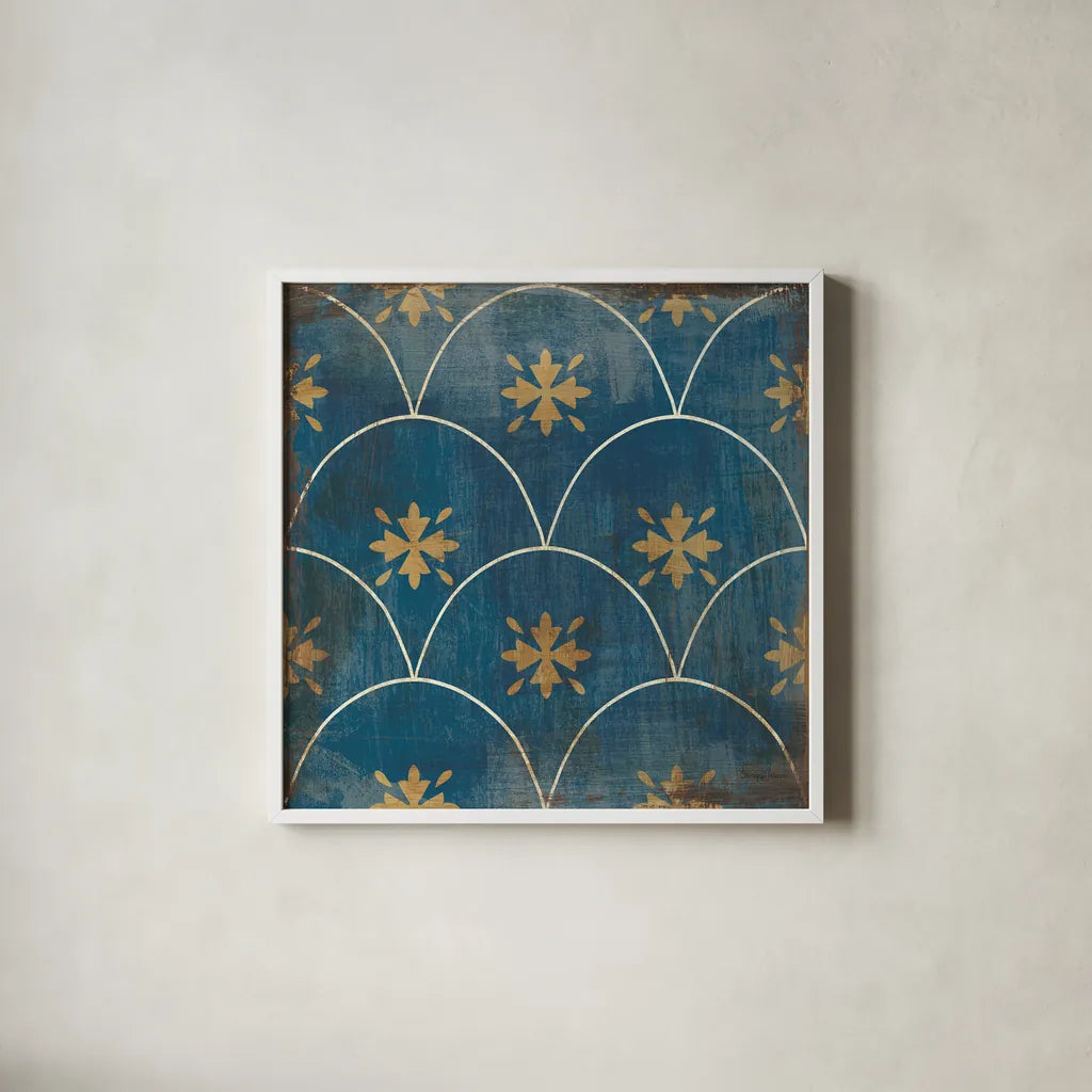 Moroccan Tiles Blue VI by Cleonique Hilsaca. Shown in a crisp white glass frame for a clean and minimalist style. Available as an archival giclee rolled canvas, fine art paper, or poster print. SKU 38571a.