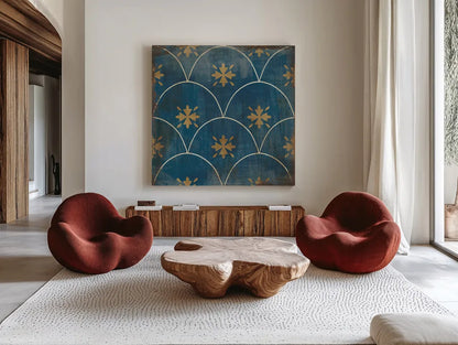 Moroccan Tiles Blue VI by Cleonique Hilsaca. Shown as extra-large giant wall art in a modern living room. Available as an archival giclee rolled canvas, fine art paper, or poster print. SKU 38571a.