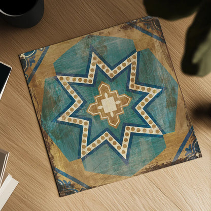 Moroccan Tiles Blue VII by Cleonique Hilsaca. Shown as a detailed flat fine art print, highlighting archival giclee quality. Available as an archival giclee rolled canvas, fine art paper, or poster print. SKU 38572a.
