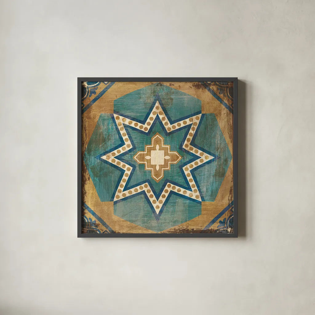Moroccan Tiles Blue VII by Cleonique Hilsaca. Shown in a sleek black glass frame for a contemporary gallery look. Available as an archival giclee rolled canvas, fine art paper, or poster print. SKU 38572a.
