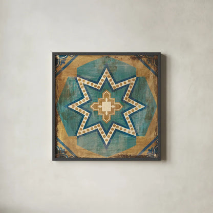 Moroccan Tiles Blue VII by Cleonique Hilsaca. Shown in a sleek black glass frame for a contemporary gallery look. Available as an archival giclee rolled canvas, fine art paper, or poster print. SKU 38572a.