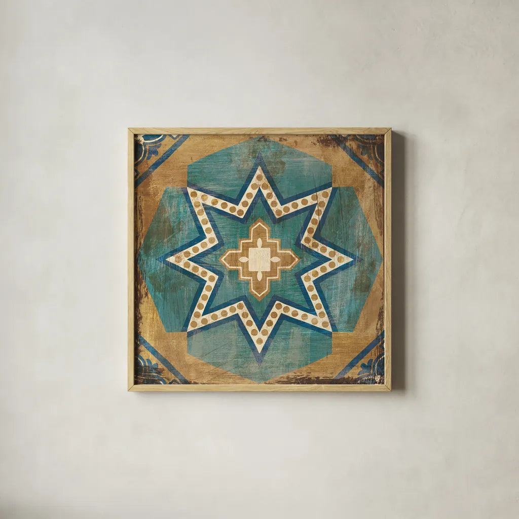 Moroccan Tiles Blue VII by Cleonique Hilsaca. Shown in a natural wood glass frame for a timeless modern aesthetic. Available as an archival giclee rolled canvas, fine art paper, or poster print. SKU 38572a.