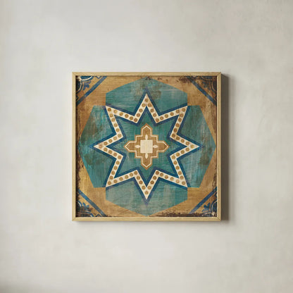 Moroccan Tiles Blue VII by Cleonique Hilsaca. Shown in a natural wood glass frame for a timeless modern aesthetic. Available as an archival giclee rolled canvas, fine art paper, or poster print. SKU 38572a.