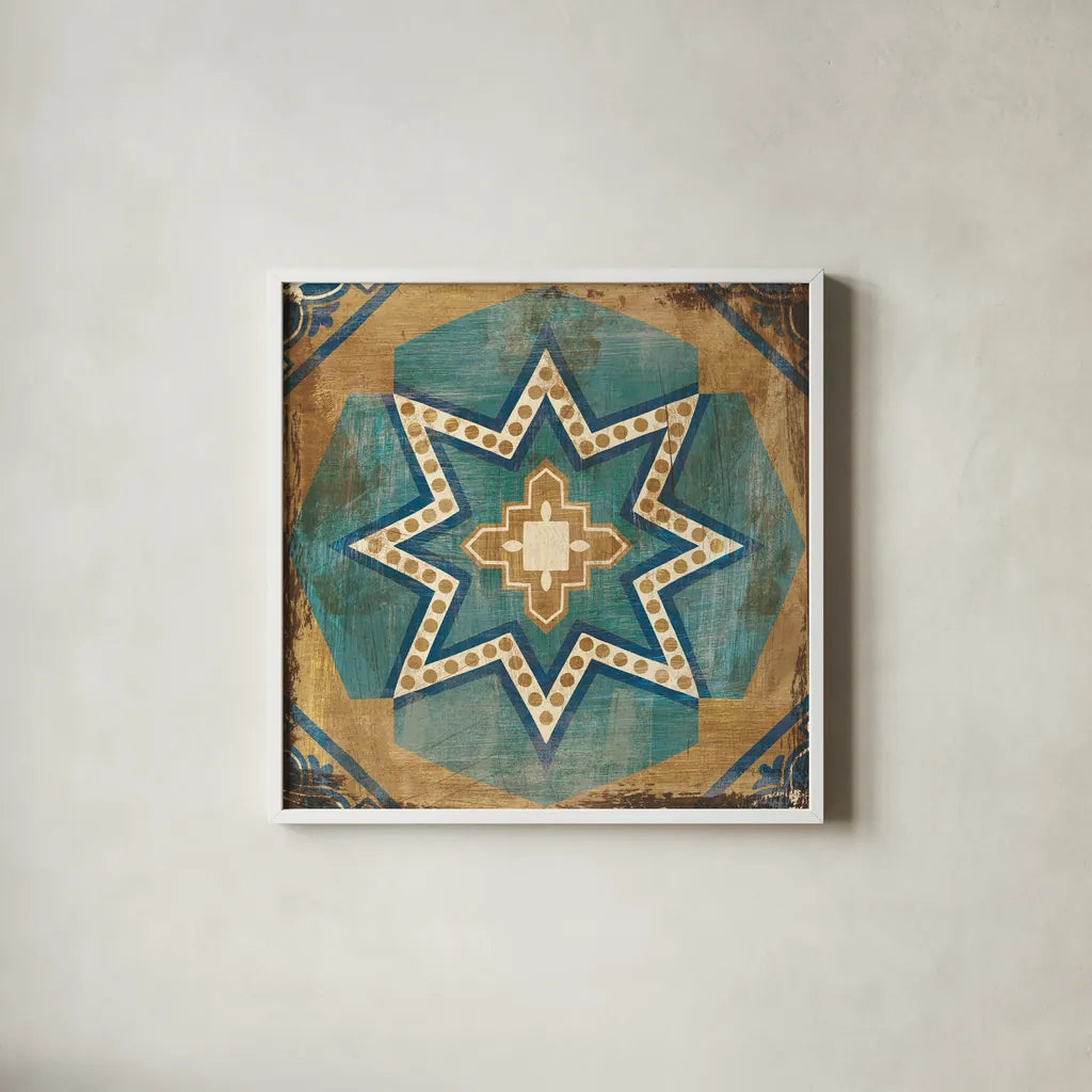 Moroccan Tiles Blue VII by Cleonique Hilsaca. Shown in a crisp white glass frame for a clean and minimalist style. Available as an archival giclee rolled canvas, fine art paper, or poster print. SKU 38572a.