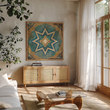 Moroccan Tiles Blue VII by Cleonique Hilsaca. Shown in a natural wood frame in a cozy modern living room. Available as an archival giclee rolled canvas, fine art paper, or poster print. SKU 38572a.