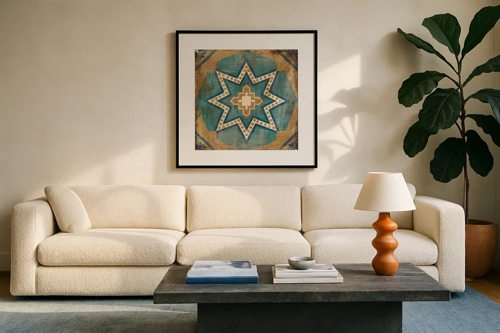 Moroccan Tiles Blue VII by Cleonique Hilsaca. Displayed in a glass frame with matte in a clean modern living room. Available as an archival giclee rolled canvas, fine art paper, or poster print. SKU 38572a.