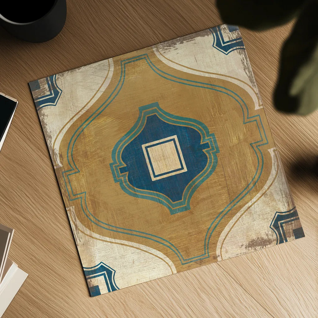 Moroccan Tiles Blue X by Cleonique Hilsaca. Shown as a detailed flat fine art print, highlighting archival giclee quality. Available as an archival giclee rolled canvas, fine art paper, or poster print. SKU 38575a.