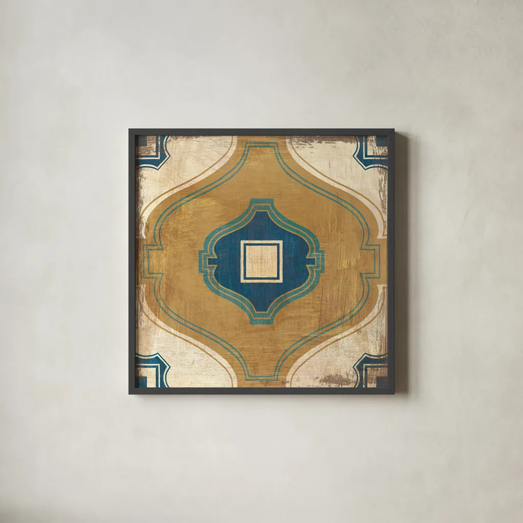 Moroccan Tiles Blue X by Cleonique Hilsaca. Shown in a sleek black glass frame for a contemporary gallery look. Available as an archival giclee rolled canvas, fine art paper, or poster print. SKU 38575a.