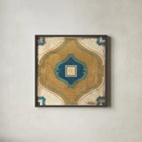 Moroccan Tiles Blue X by Cleonique Hilsaca. Shown in a sleek black glass frame for a contemporary gallery look. Available as an archival giclee rolled canvas, fine art paper, or poster print. SKU 38575a.