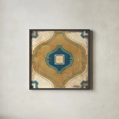 Moroccan Tiles Blue X by Cleonique Hilsaca. Shown in a sleek black glass frame for a contemporary gallery look. Available as an archival giclee rolled canvas, fine art paper, or poster print. SKU 38575a.