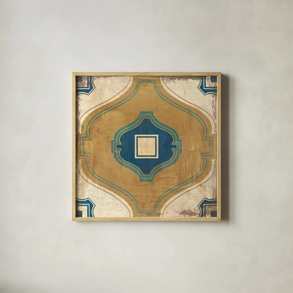 Moroccan Tiles Blue X by Cleonique Hilsaca. Shown in a natural wood glass frame for a timeless modern aesthetic. Available as an archival giclee rolled canvas, fine art paper, or poster print. SKU 38575a.