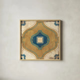 Moroccan Tiles Blue X by Cleonique Hilsaca. Shown in a natural wood glass frame for a timeless modern aesthetic. Available as an archival giclee rolled canvas, fine art paper, or poster print. SKU 38575a.